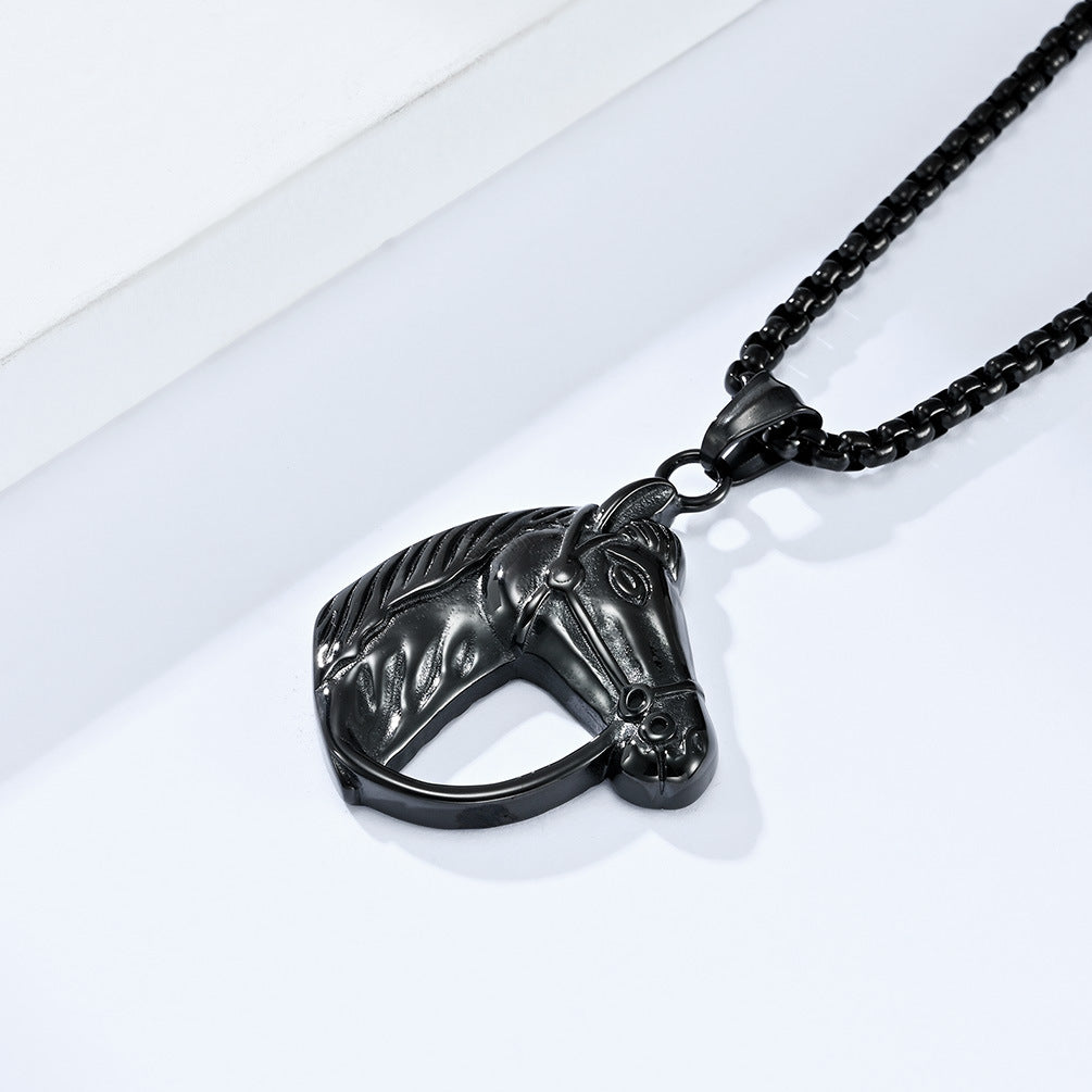 Planderful Mens Horse Head Necklace Personalized Retro Titanium Steel Pendant For Horse Racing Fans
