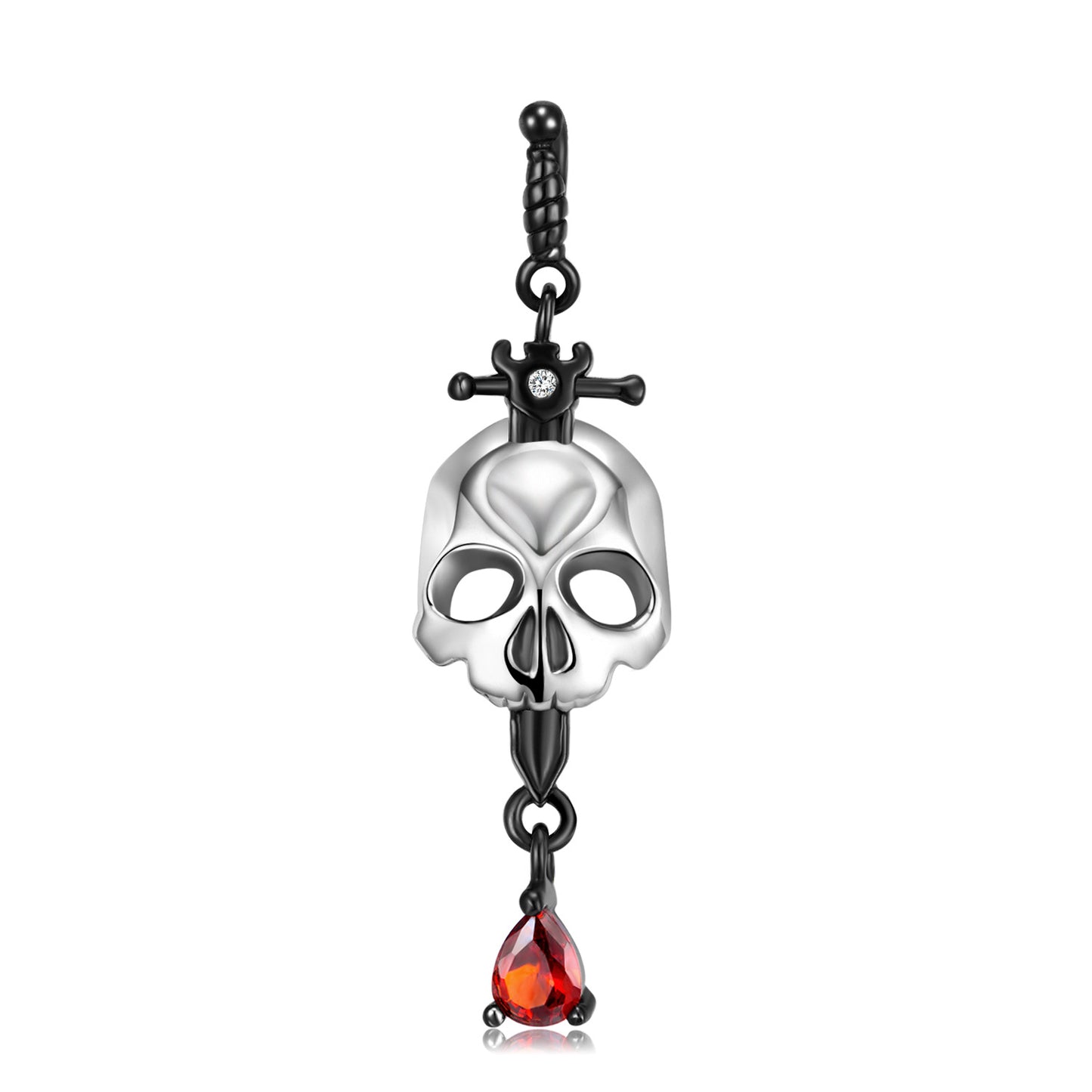 Halloween Skull Cross Sword Red Zircon Silver Necklace