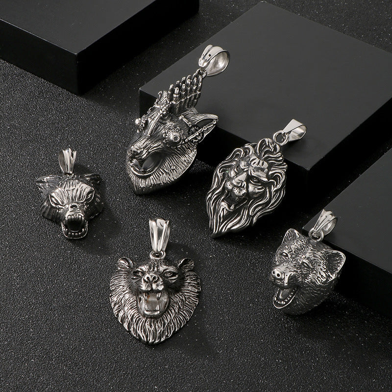 Animal Shape Old, Punk Lion Head Wolf Head Fox Titanium Steel Men's Pendant Necklace