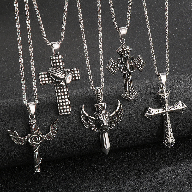 Flying Wings Pendant, Gothic Lion Head Rose Cross Wings Titanium Steel Men's Pendant Necklace