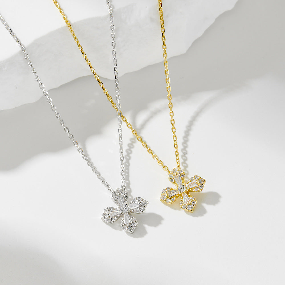 French Micro-Inlaid Zircon Petal Four-Leaf Clover Necklace 925 Sterling Silver And