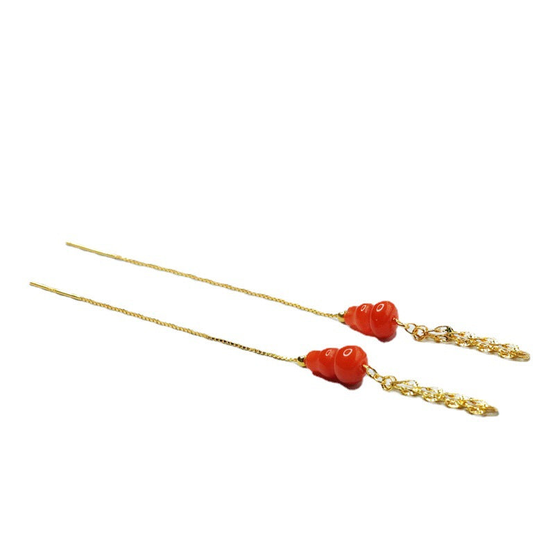 Nanhong Agate Gourd Phoenix-Tail Threader Earrings