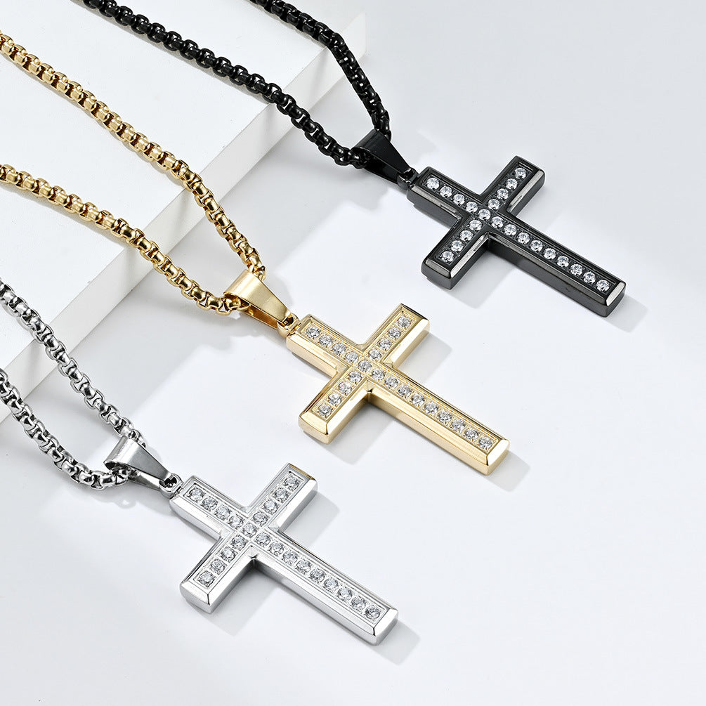 Cross-Border Amazon Titanium Steel Zircon Cross Pendant for Men
