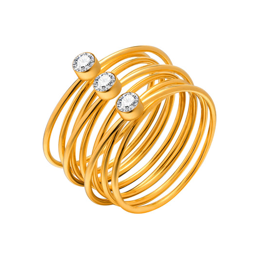 Stainless Steel Multi-Layer Line Round Zircon Ring Women's Gold