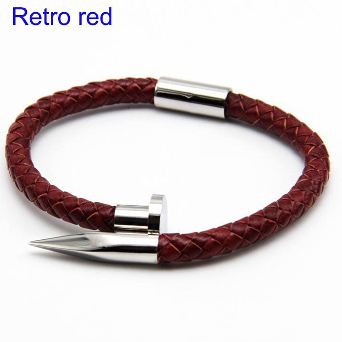 Cowhide Woven Stainless Steel Nail Bracelet – Men's Magnetic Buckle Leather Bracelet
