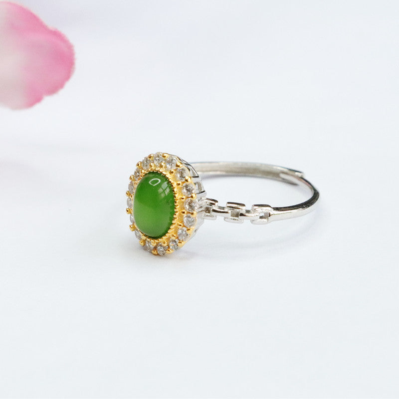Sterling Silver Jasper and Golden Zircon Halo Jade Ring