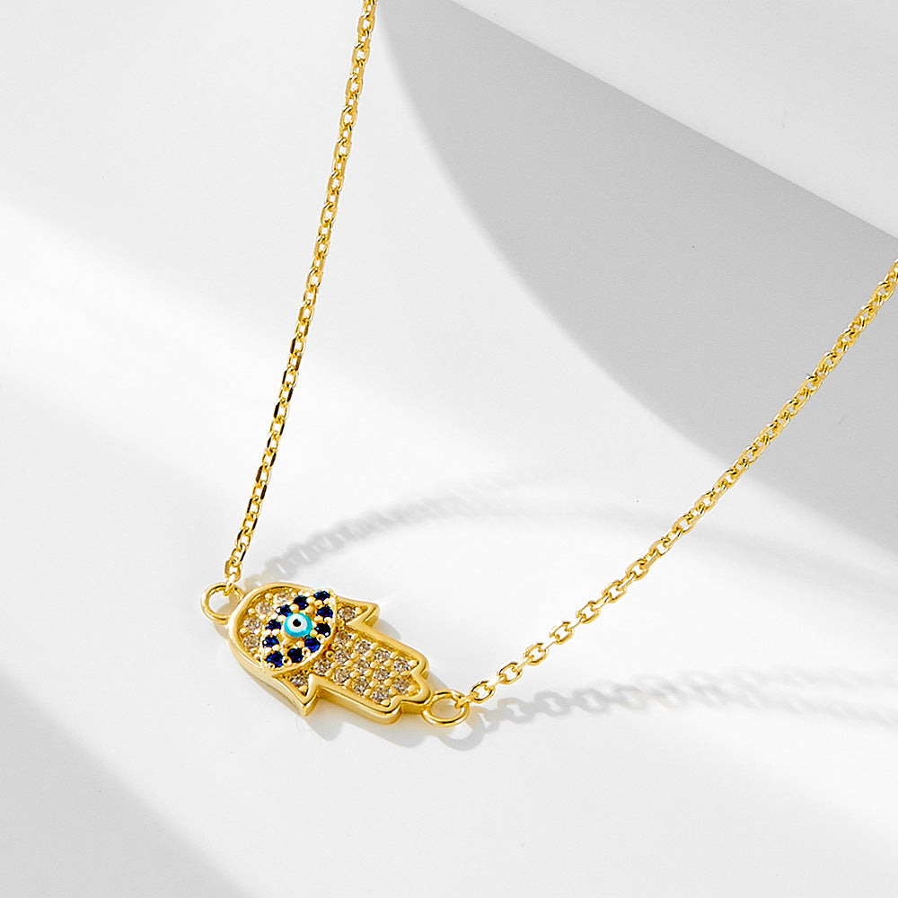 Micro-Inlaid Zircon Devil'S Eye Sterling Silver Necklace Inlaid Dripping Oil Palm Pendant