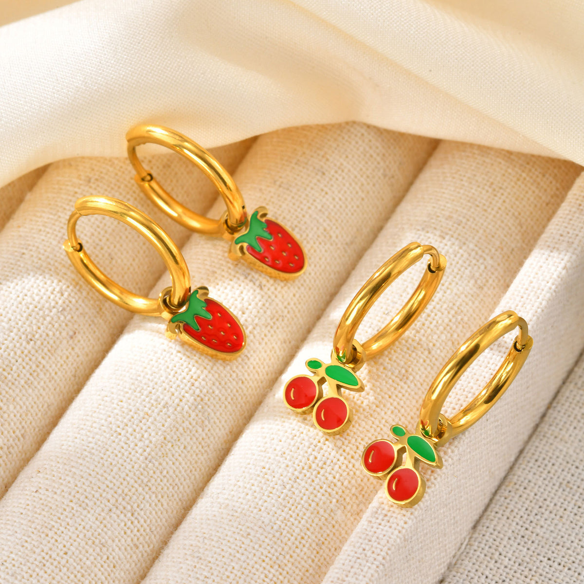 Fruit Charm Huggie Hoop Earrings — Cherry or Strawberry