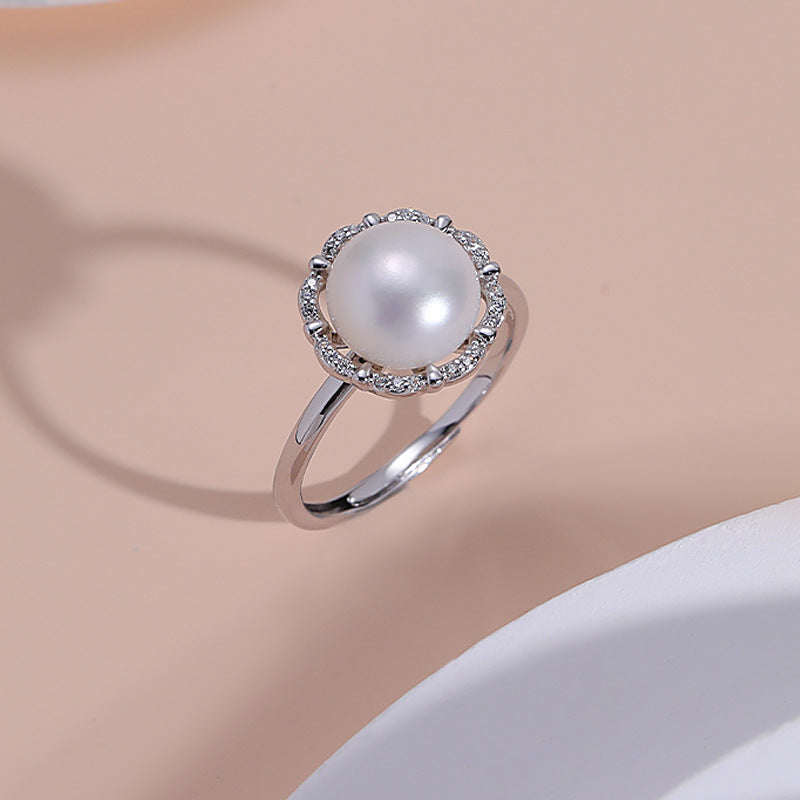 Freshwater Pearl Zircon Flower Halo Opening Sterling Silver Ring