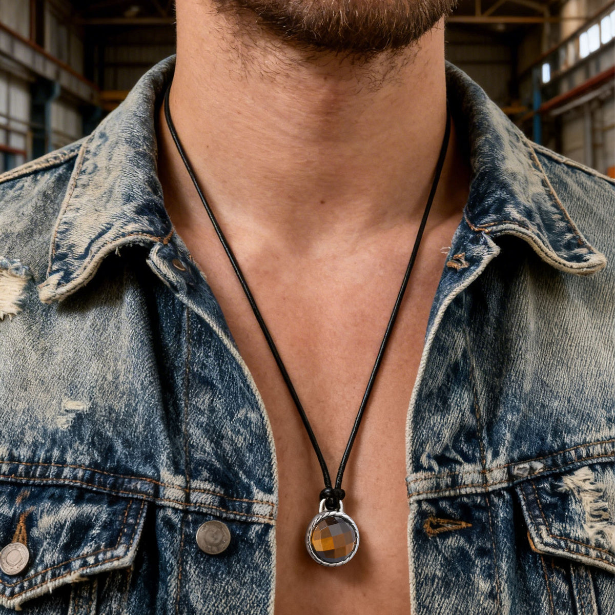 Tiger's Eye Textured Vintage Black Stainless Steel Necklace