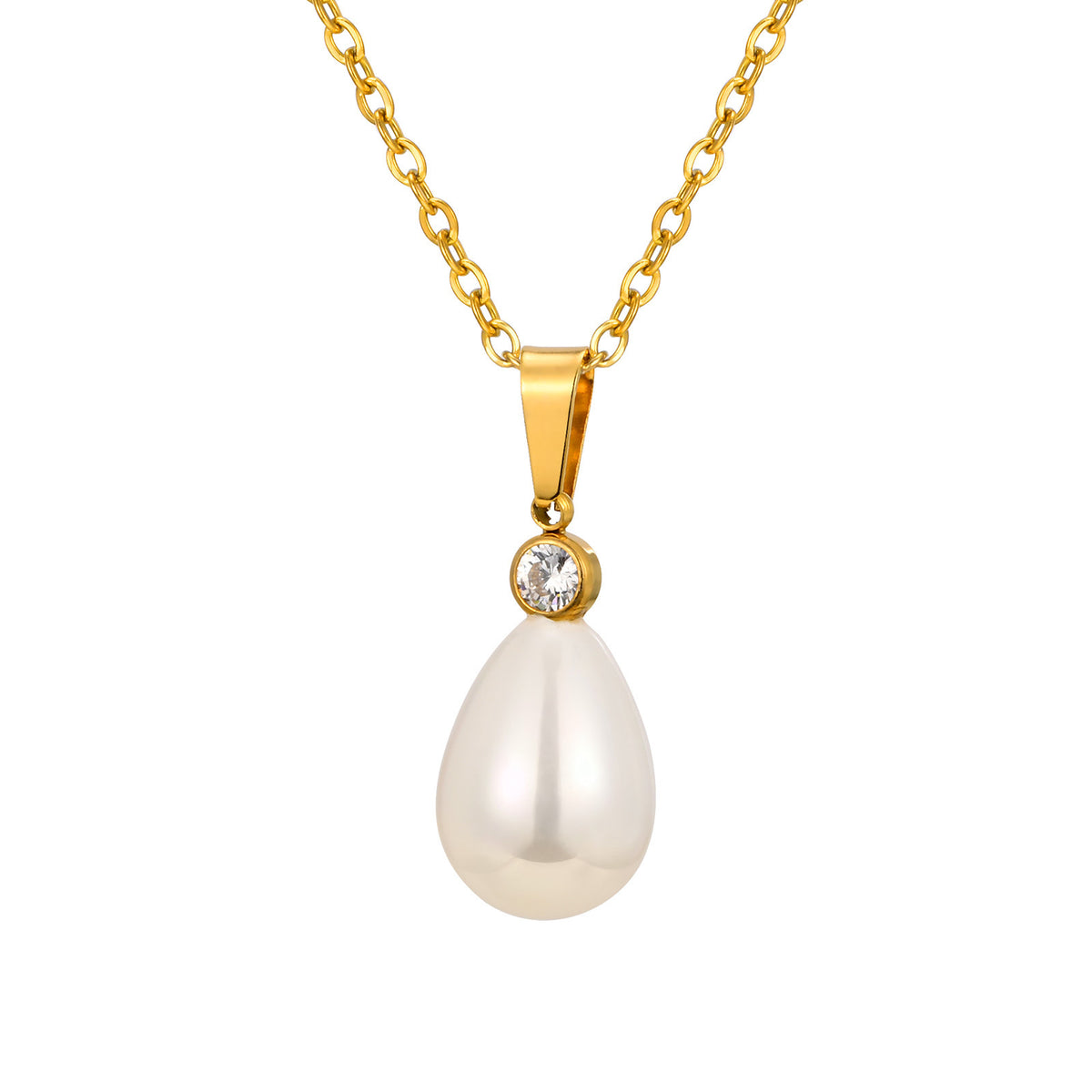 French Premium Stainless Steel Zircon Imitation Pearl Water Drop Pendant Necklace