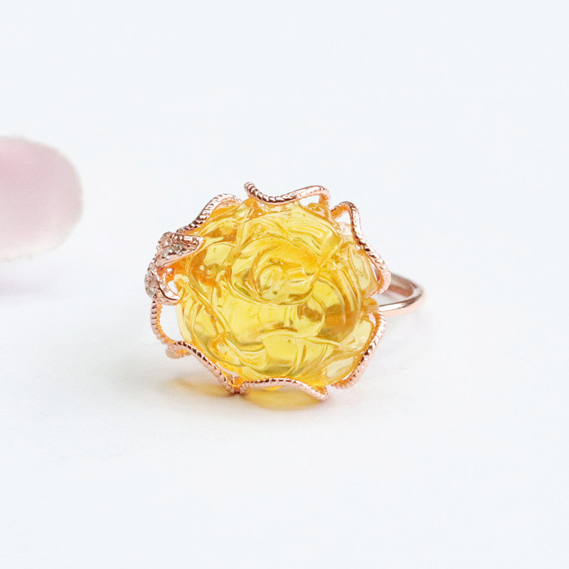 Peony Blossom Sterling Silver Amber Ring