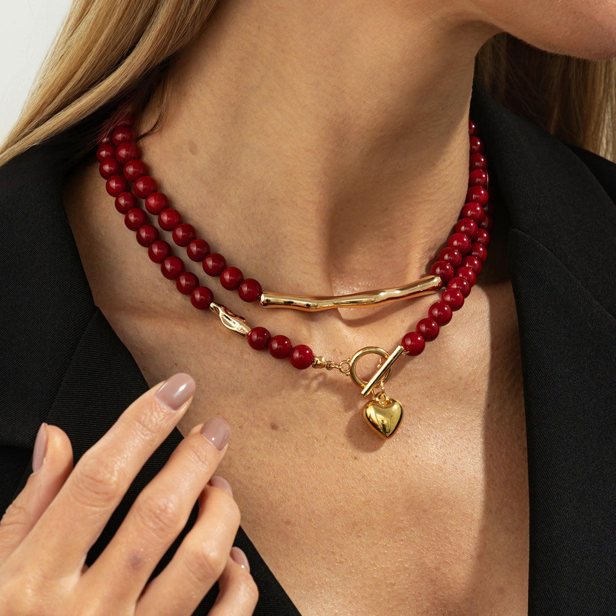 Red Beaded Ot Buckle Love Pendant Necklace Liquid Metal Rod Necklace