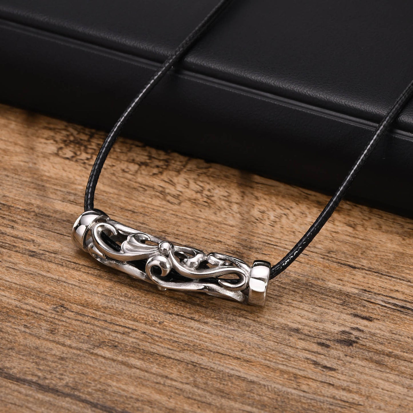 Men's Leather Rope Necklace with Stainless Steel Pendant