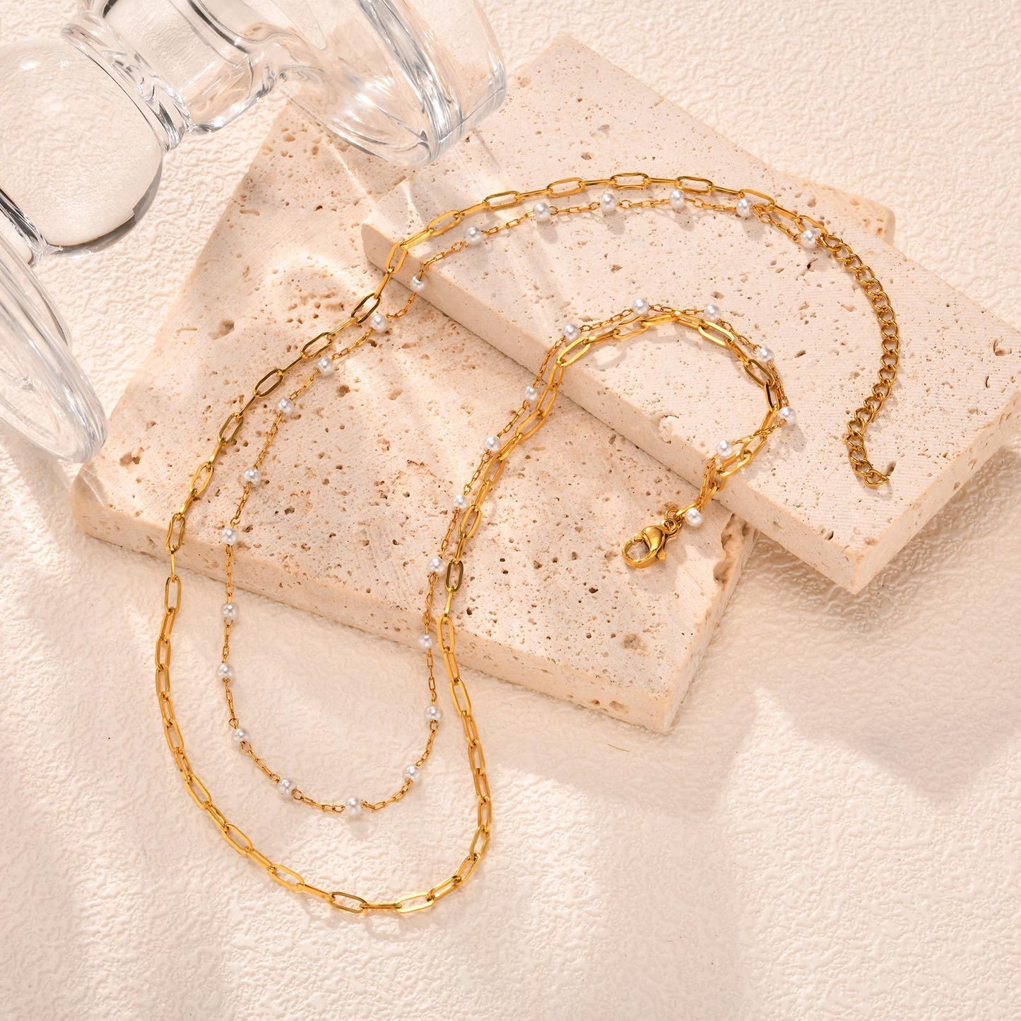 Collarbone Chain Double-Layer Stainless Steel Small Square Chain Faux Pearl Stacked Necklace