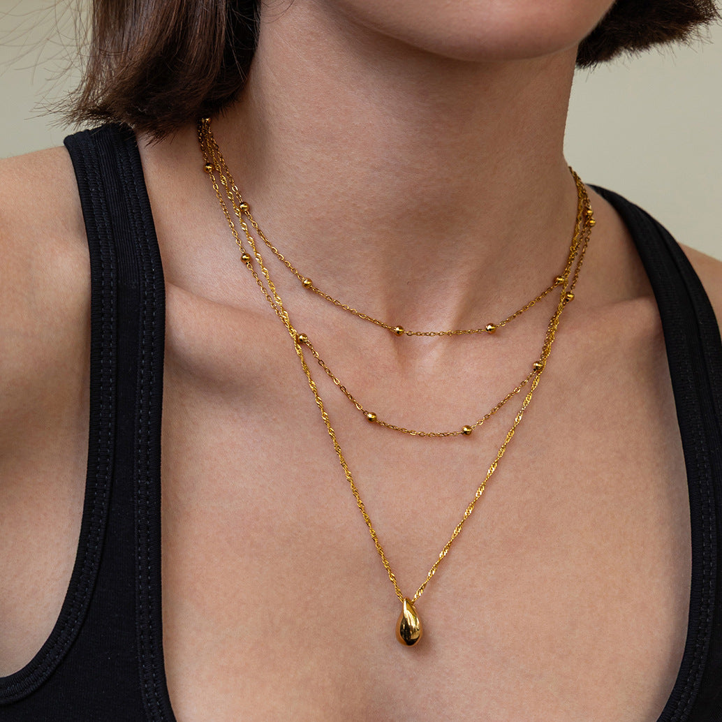 Stainless Steel Thin Cha Stacked With Water Drop Pendants Collarbone Cha Wind Necklace