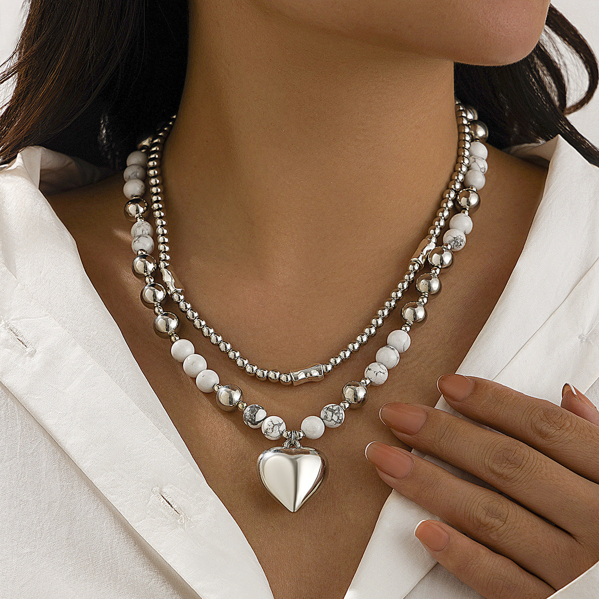 Heart Pendant Mixed-Bead Necklace Set