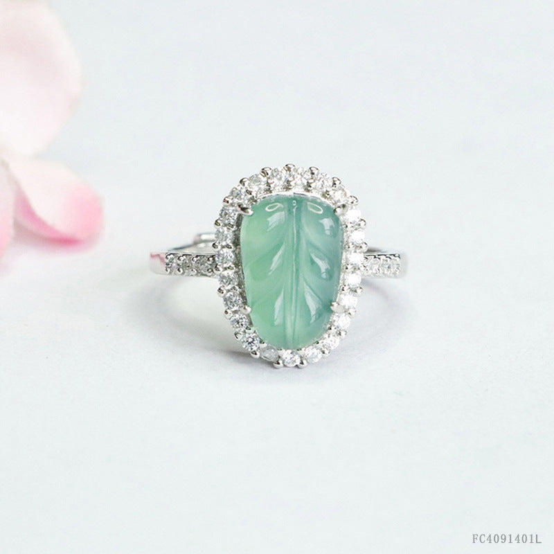 Blue Water Jadeite Leaf 8*12 mm Ring