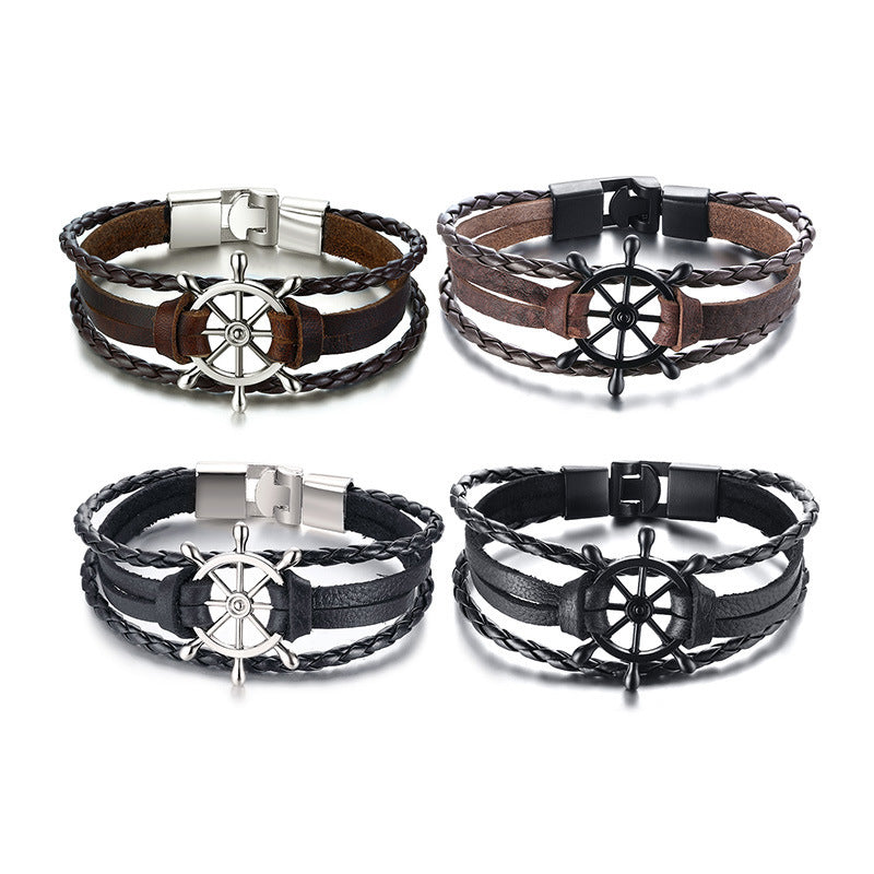 Ship Wheel Vintage Black Stainless Steel Bracelet for Men