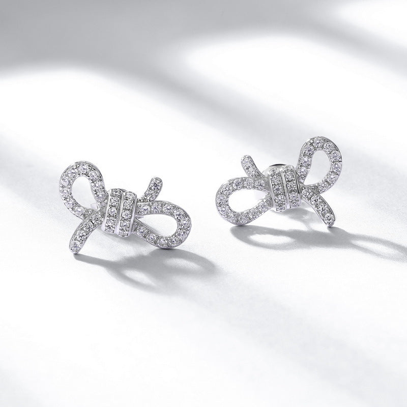 S925 Sterling Silver Zircon Bow Stud Earrings