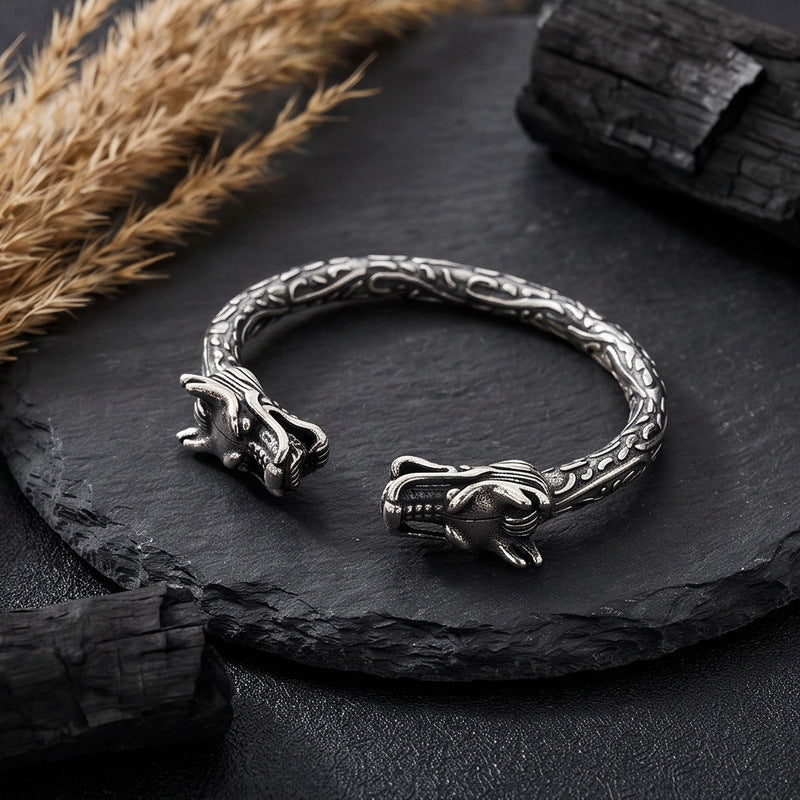 Nordic Viking Double-Headed Animal Head C-Shaped Open Bracelet Double-Headed Dragon