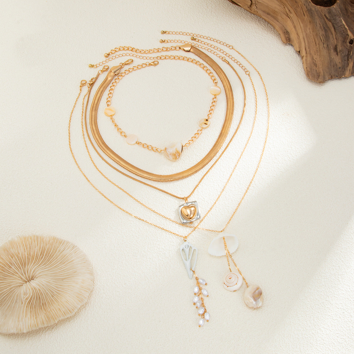 Heart, Shell & Pearl-Style Fringe Necklace