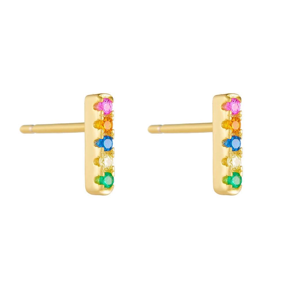 S925 Sterling Silver One-Shaped Micro-Inlaid Colored Zircon Stud Earrings And Square