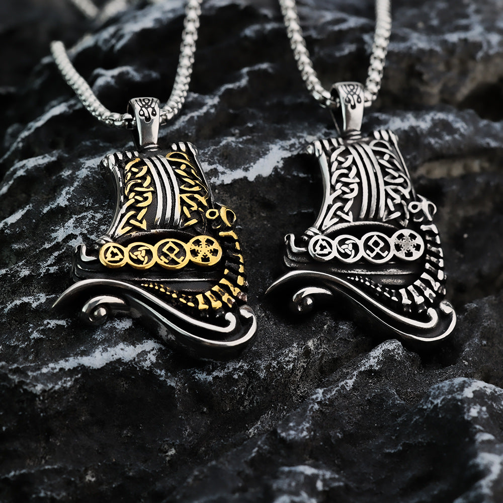Vintage Stainless Steel Pendant Men's Necklace Viking Ship Rune