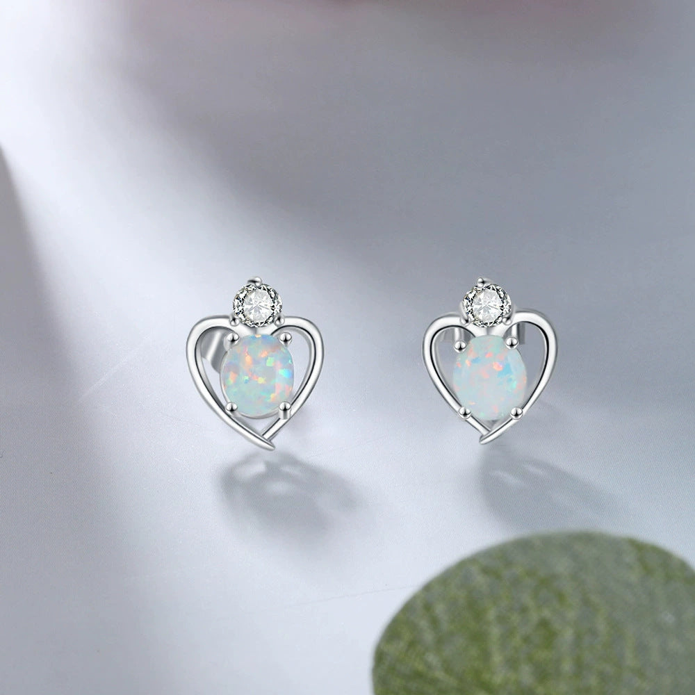 Planderful Jewelry Opal Earrings Heart Stud In Sterling Silver With Zircon Accents