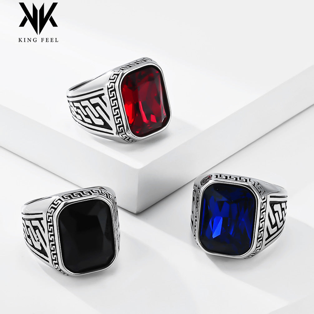Textured Stainless Steel Gemstone Ring Men's Multi-Color Glass Stone Stainless Steel Index