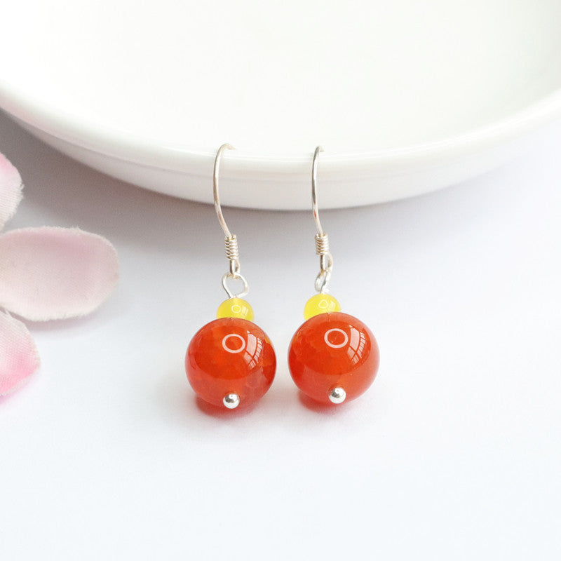Red Agate Bead 925 Silver Hook Earrings