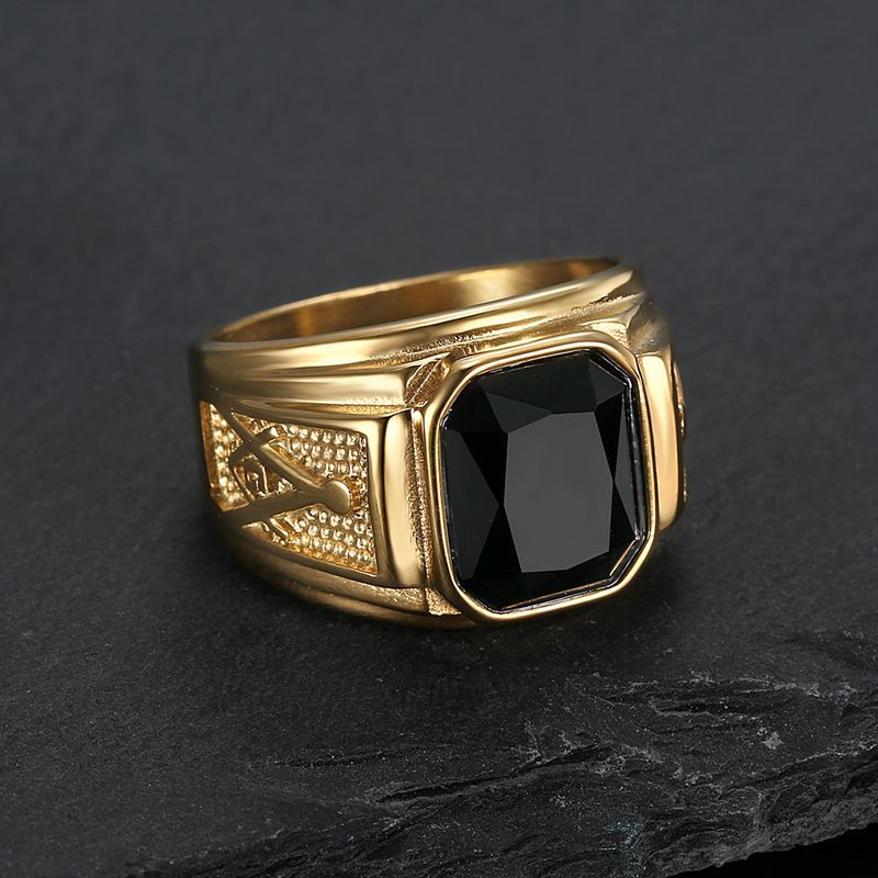 Planderful Everyday Genie Masonic Ring For Men Stainless Steel Gold Plated Black Glass Classic Retro