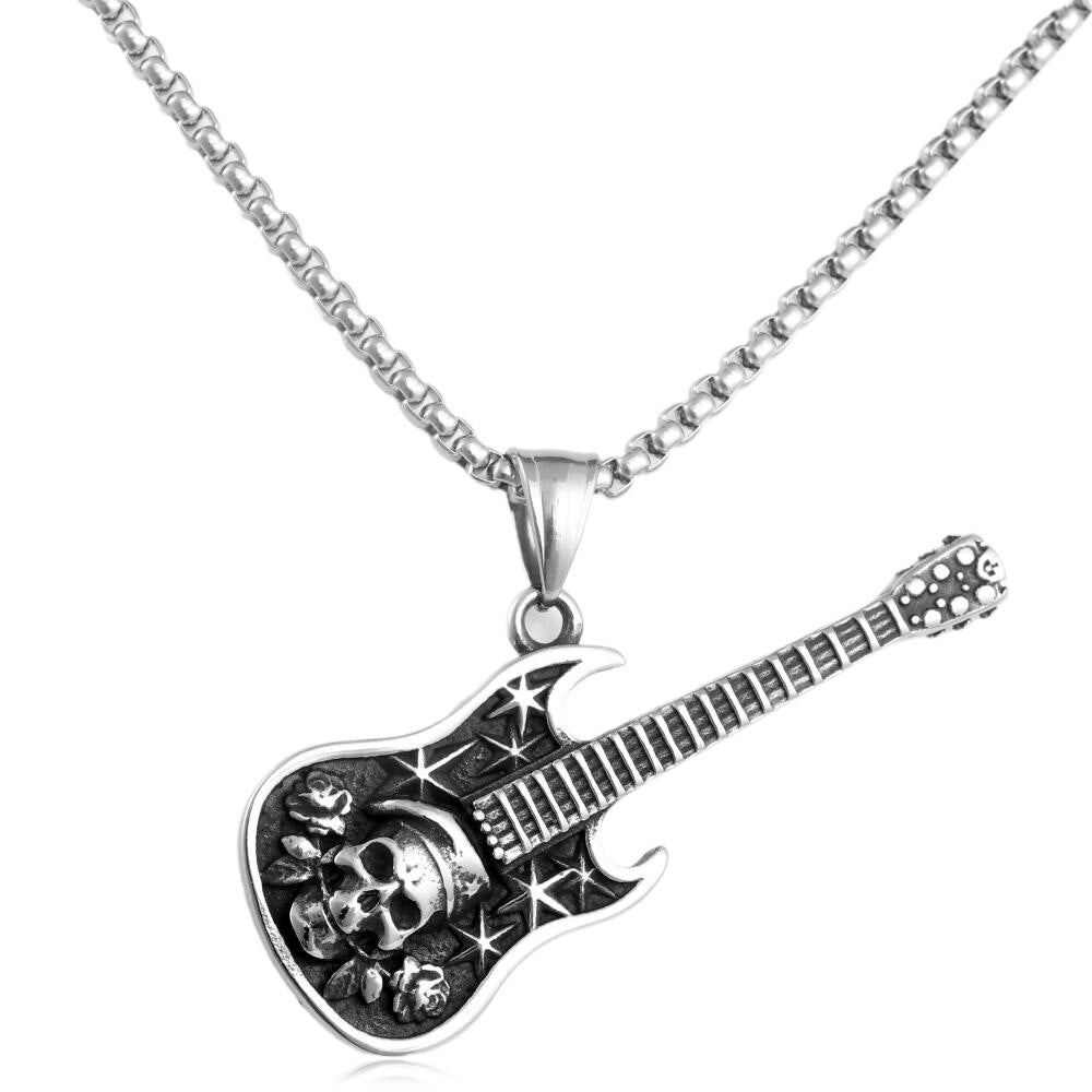 European And American Stainless Steel Skull Guitar Pendant