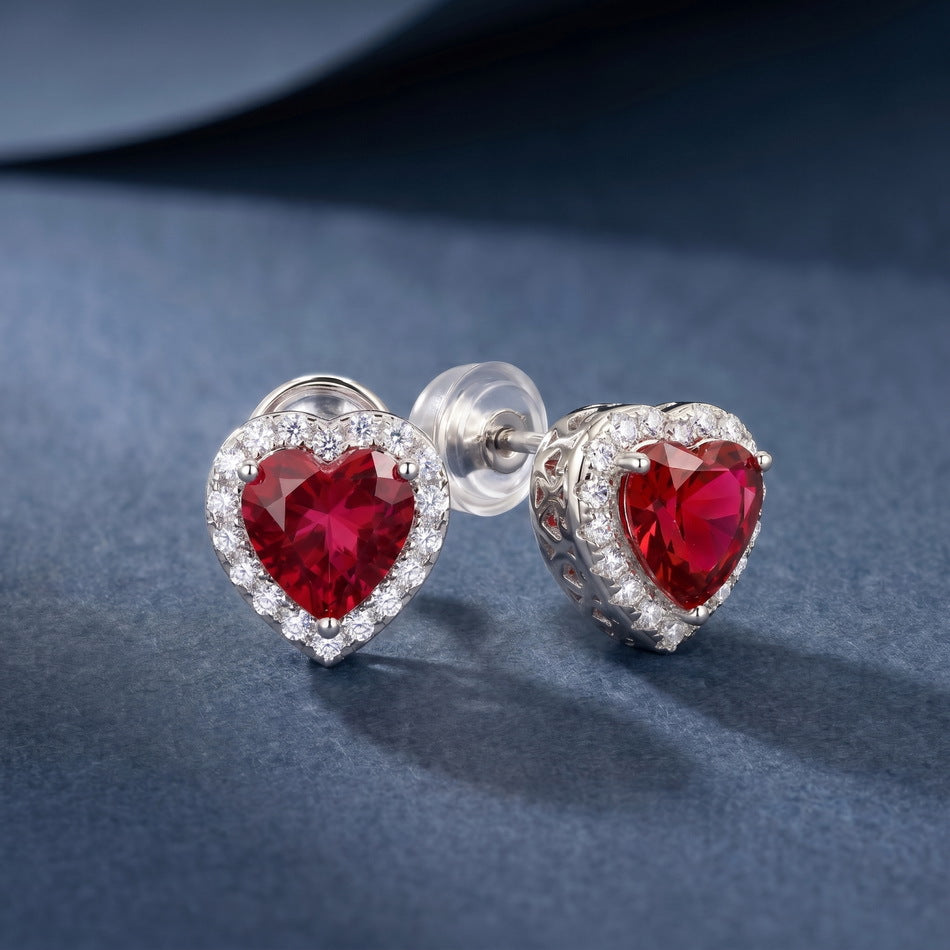 S925 Sterling Silver Lab-Grown Ruby Heart Stud Earrings