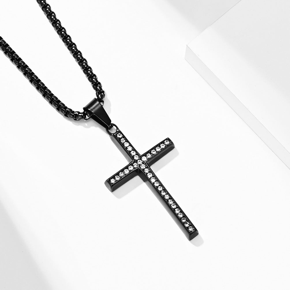 Planderful Zircon Cross Necklace Titanium Steel Beveled Pendant For Hip Hop Fans