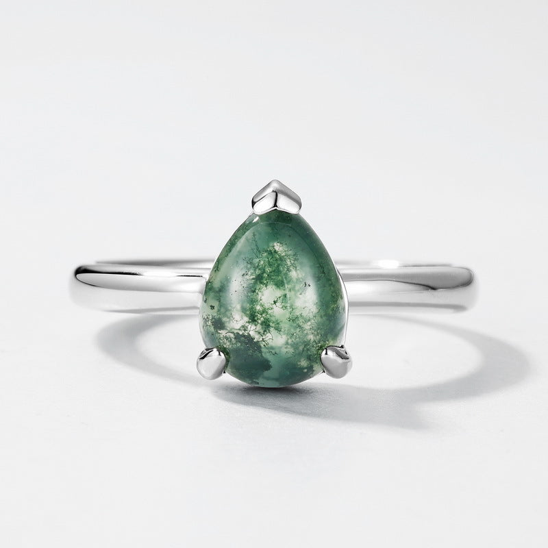 Planderful Jewelry Sterling Silver Agate Ring Pear Shape Green Moss Stone Geometric Design Everyday
