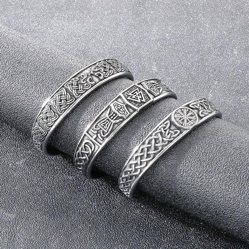 Rune – Nordic Viking Celtic Knot Double Wolf Head Titanium Steel Men's Opening Bracelet