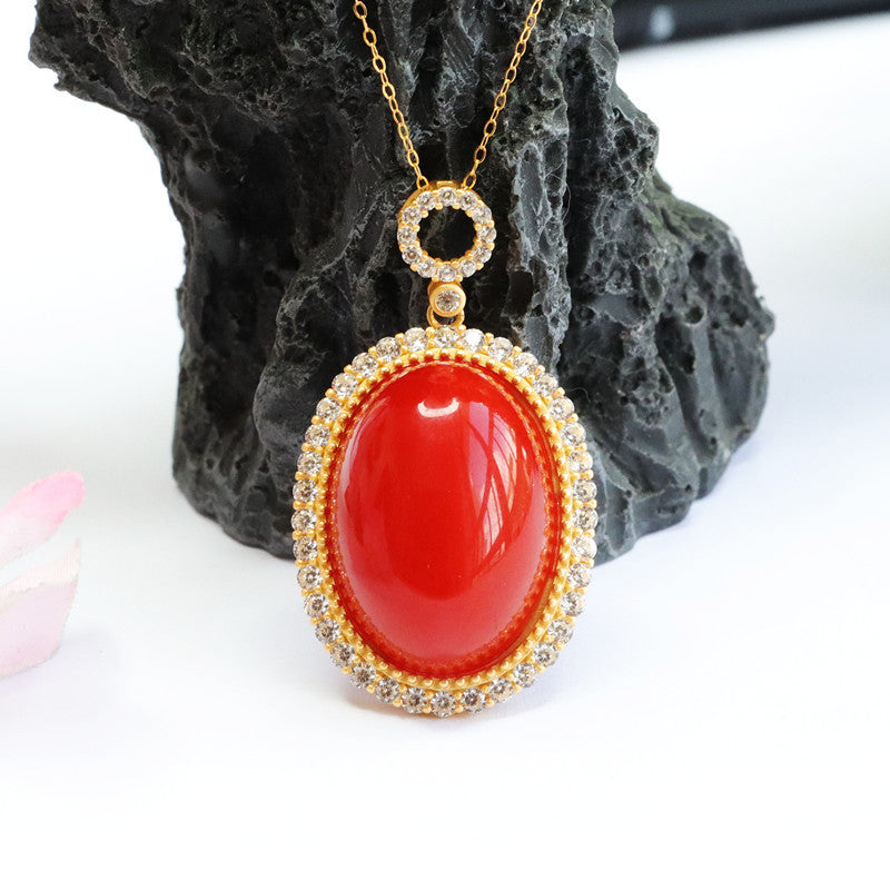 Pendant Jewelry with Natural Red Agate and Zircon Halo on Sterling Silver Necklace