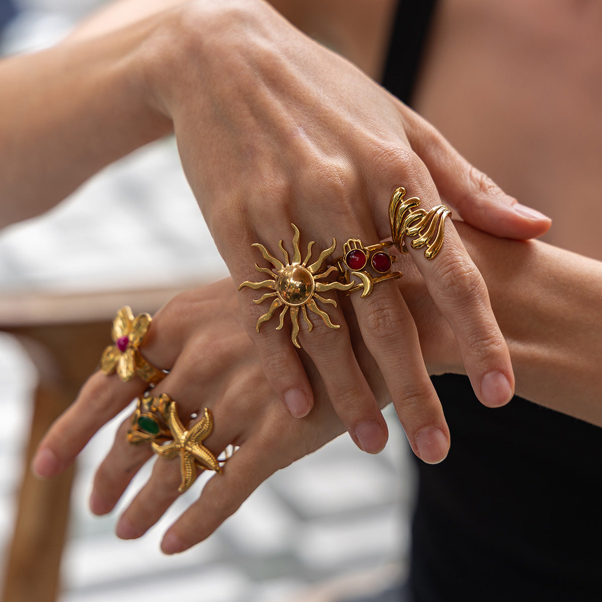 Planderful Vienna Verve Stainless Steel Flower Gemstones Opening Ring For Women Chic Vacation Style