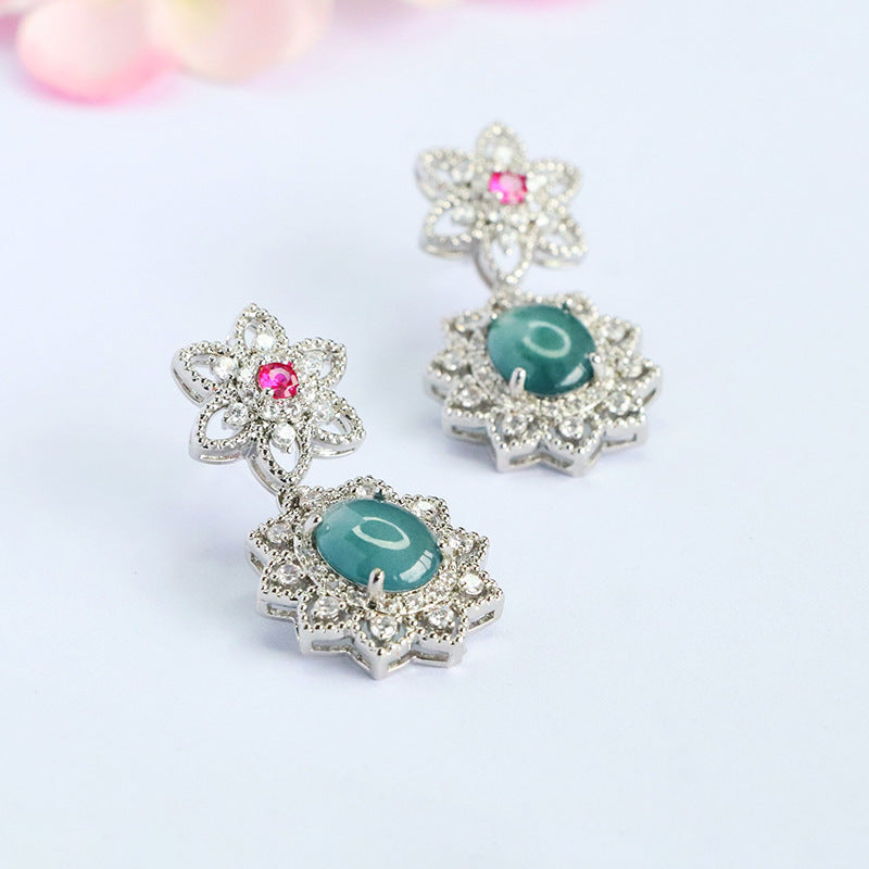 Blue-Water Jadeite Cherry Blossom Stud Earrings