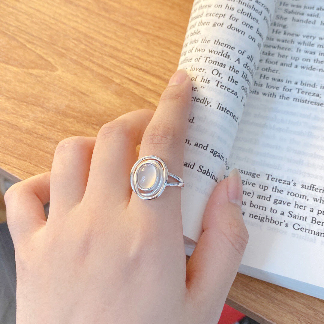 S925 Sterling Silver Natural Chalcedony Ring — Adjustable