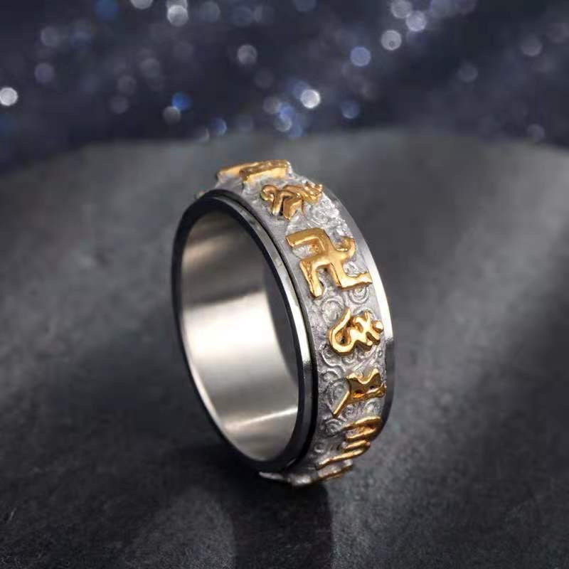 Planderful Everyday Genie Mantra Ring For Men Stainless Steel Rotating Six Character