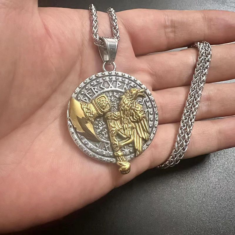 Steel Necklace - Vintage Nordic Viking Raven Tomahawk Pendant For Men With Polished Gold Plated Finish