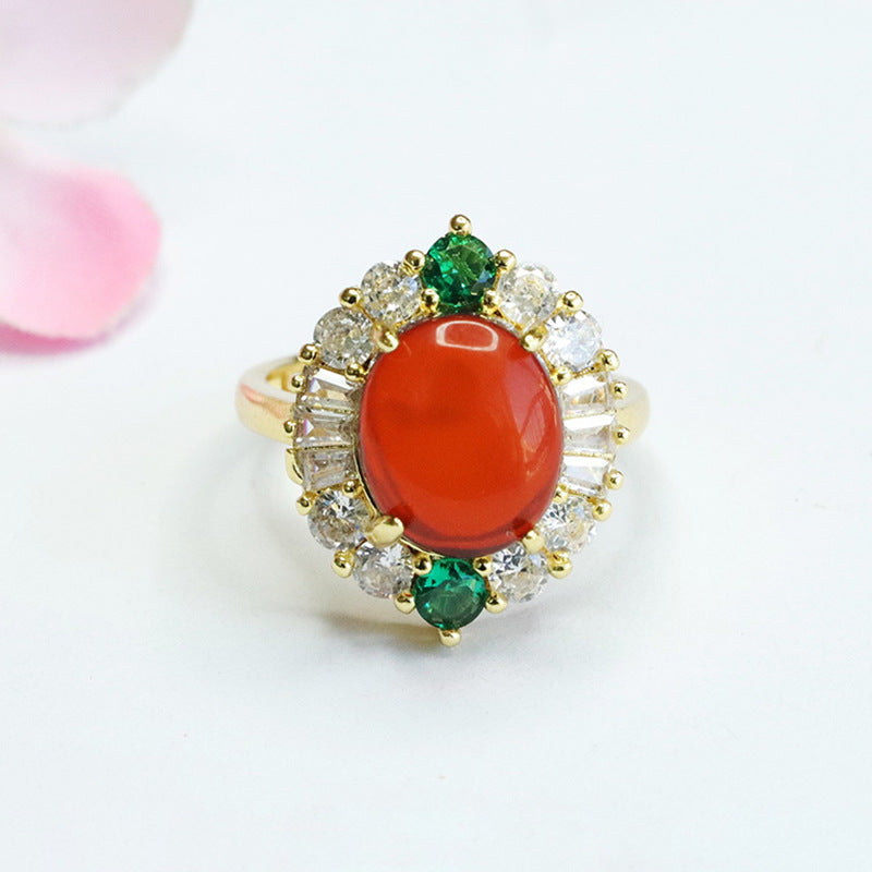 Blood Amber Oval Ring with Zircon Petals Halo, Sterling Silver and Beeswax Amber Jewelry