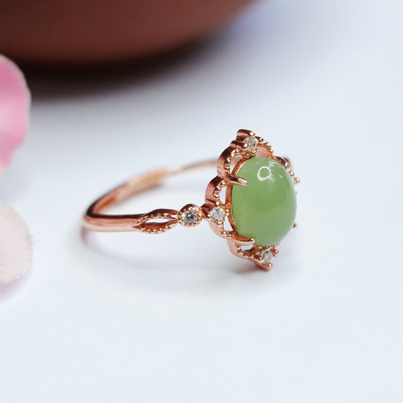 925 Sterling Silver Hetian Jade Openwork Ring