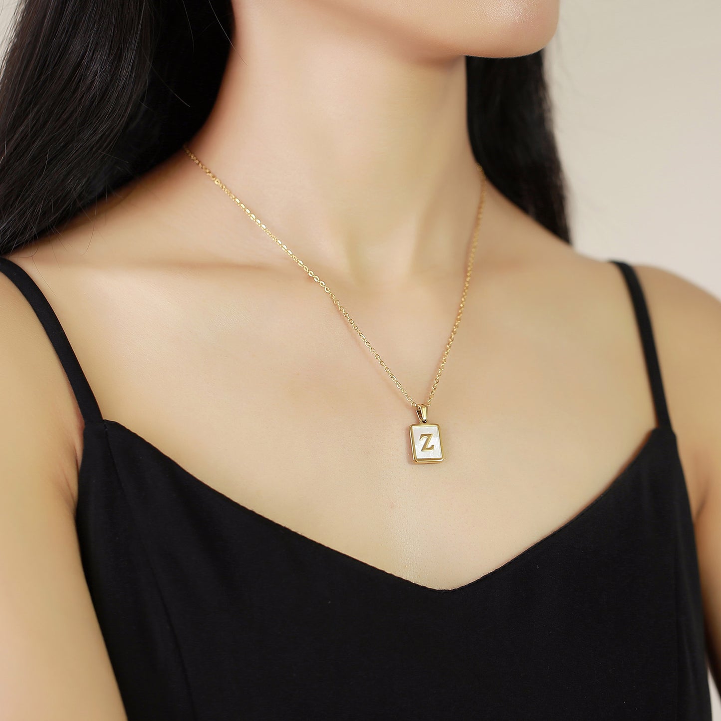 Stainless Steel Shell Square 26 Letter Pendant Necklace