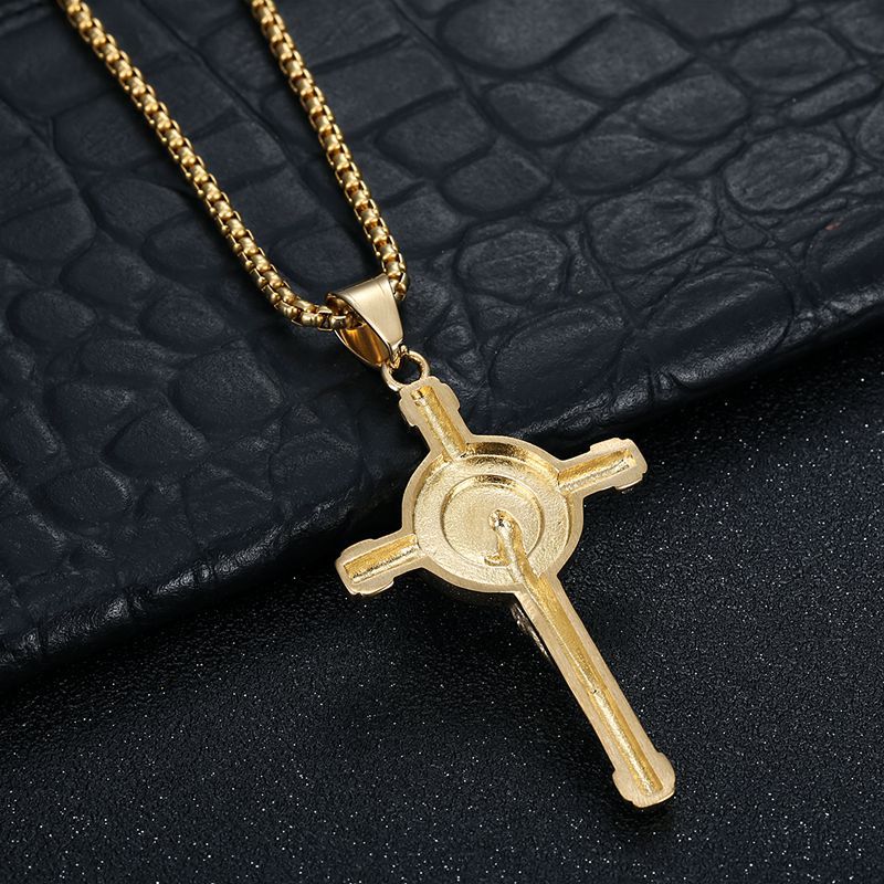 Planderful Everyday Genie Hip Hop Cross Pendant Necklace Titanium Steel Gold Plated Zircon Stunning Urban Style Fans
