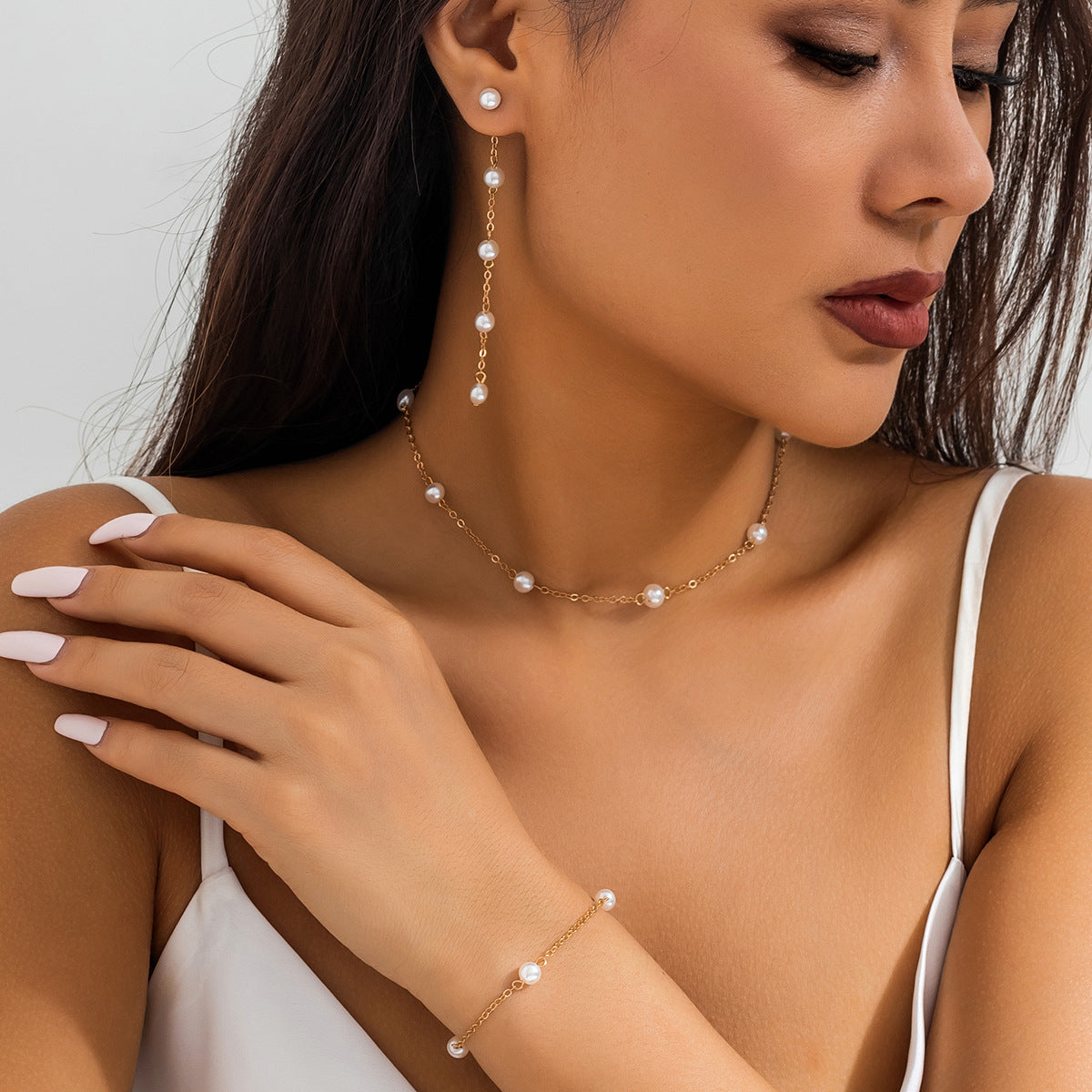 French Style Pearl and Tassel Necklace Set for Women