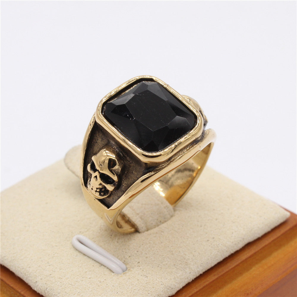 Black Gemstone Skull Titanium Steel Ring