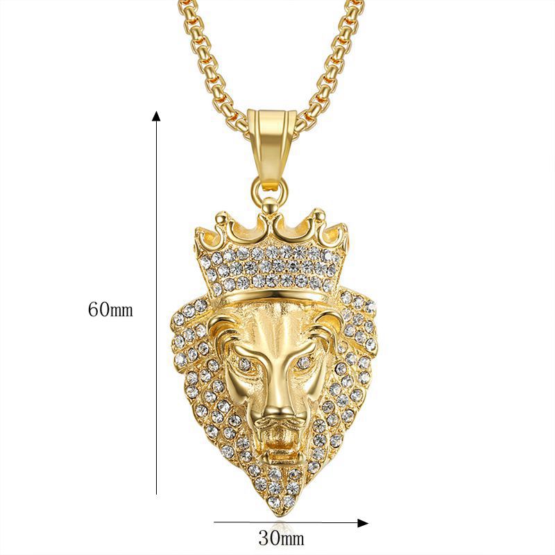 Planderful Hip Hop Lion Necklace Gold Plated Titanium Steel Rhinestone Crown Pendant For Hip Hop Fans